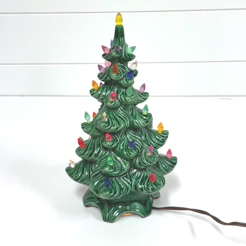 Vintage Atlantic Mold Ceramic Christmas Tree Green Lighted Tabletop Decor 11 in